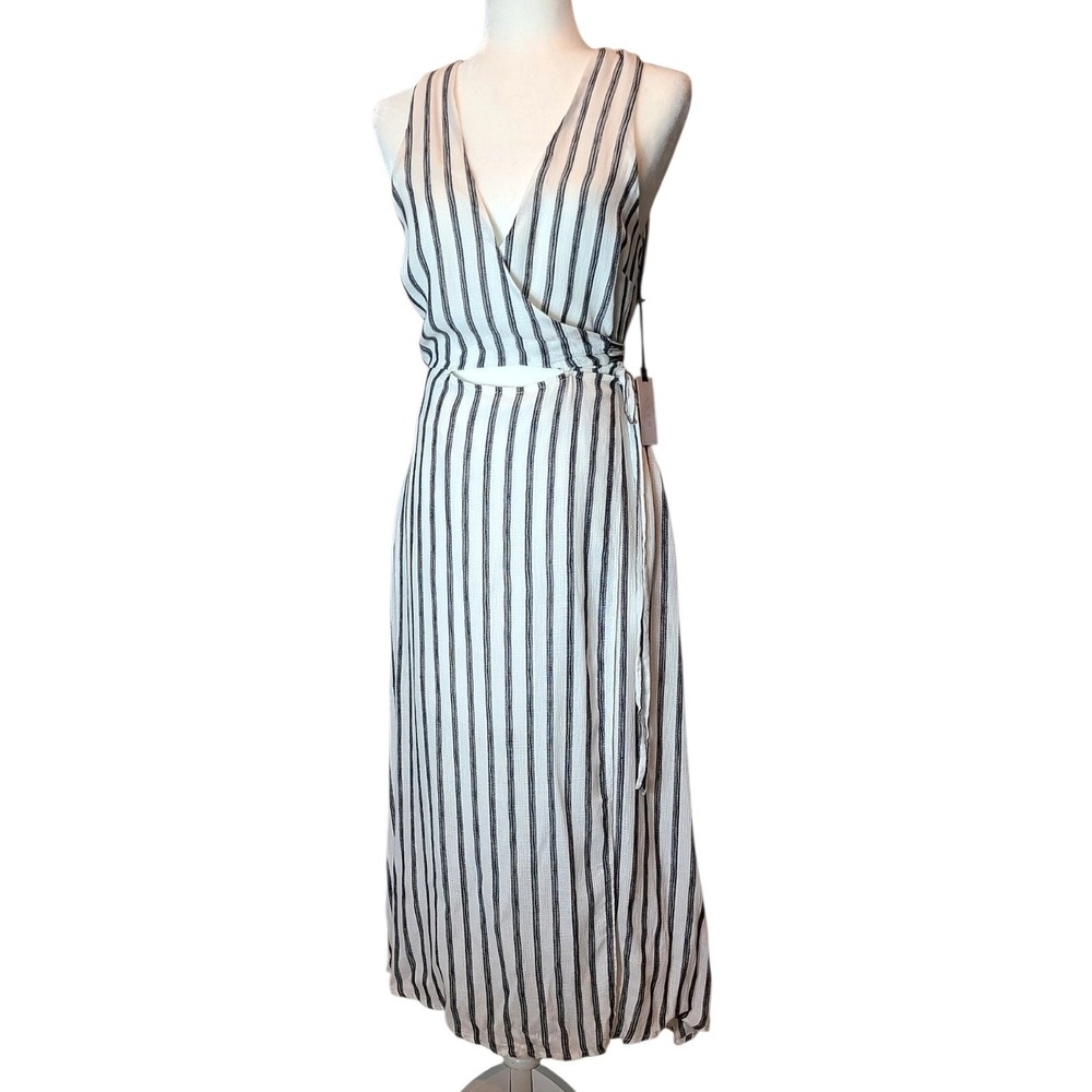 ASTR The Label Womens Black White Striped Wrap Midi Dress Cutout Size M NEW